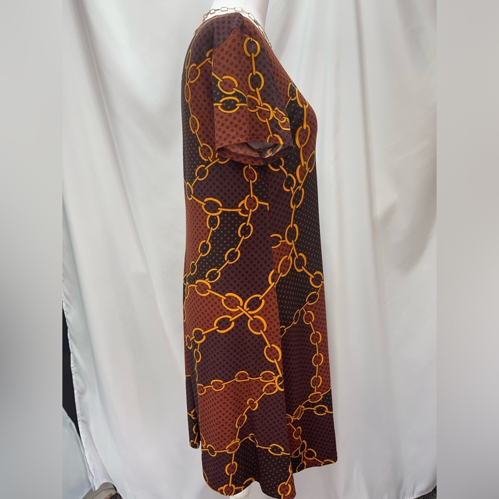 Chain Print Brown polkadot Dress stretchy flowy short sleeve women’s size M - Picture 4 of 15